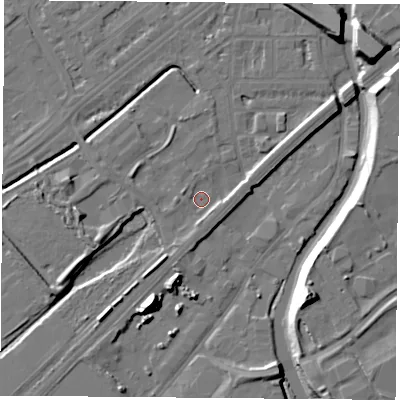 Shaded relief map of the ground around NG72RL, computed from Environment Agency LiDAR. The ground here sits at about 25 m above sea level and falls 16 m across the surrounding 800 m. Surface water reaching this point runs off ground lying to the east-north-east, 3.3 m higher.
