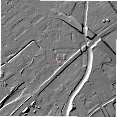 Shaded relief map of the ground around NG72RP, computed from Environment Agency LiDAR. The ground here sits at about 26 m above sea level and falls 16 m across the surrounding 800 m. Surface water reaching this point runs off ground lying to the north-east, 9.7 m higher.