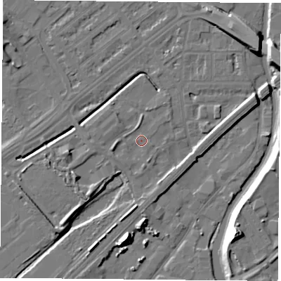 Shaded relief map of the ground around NG72RQ, computed from Environment Agency LiDAR. The ground here sits at about 26 m above sea level and falls 16 m across the surrounding 800 m. Surface water reaching this point runs off ground lying to the west-south-west, 2.0 m higher.