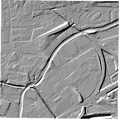 Shaded relief map of the ground around NG72RR, computed from Environment Agency LiDAR. The ground here sits at about 26 m above sea level and falls 13 m across the surrounding 800 m. Surface water reaching this point runs off ground lying to the north-north-west, 1.2 m higher.