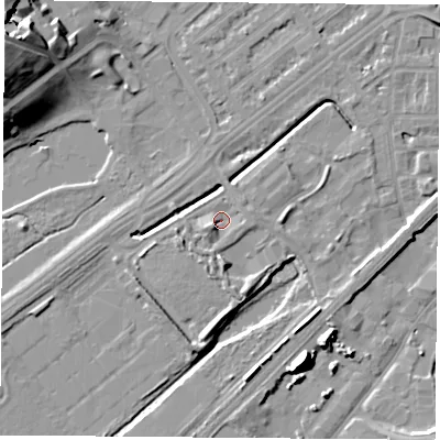Shaded relief map of the ground around NG72RU, computed from Environment Agency LiDAR. The ground here sits at about 26 m above sea level and falls 20 m across the surrounding 800 m. Surface water reaching this point runs off ground lying to the south-west, 2.9 m higher.