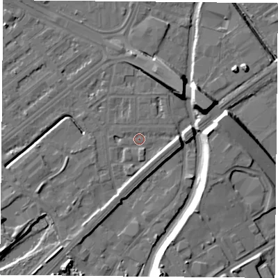 Shaded relief map of the ground around NG72RW, computed from Environment Agency LiDAR. The ground here sits at about 25 m above sea level and falls 17 m across the surrounding 800 m. Surface water reaching this point runs off ground lying to the east, 3.9 m higher.
