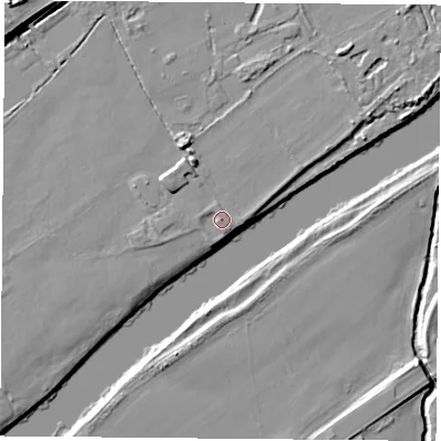 Shaded relief map of the ground around NG72SA, computed from Environment Agency LiDAR. The ground here sits at about 26 m above sea level and falls 10 m across the surrounding 800 m. Surface water reaching this point runs off ground lying to the west, 0.9 m higher.