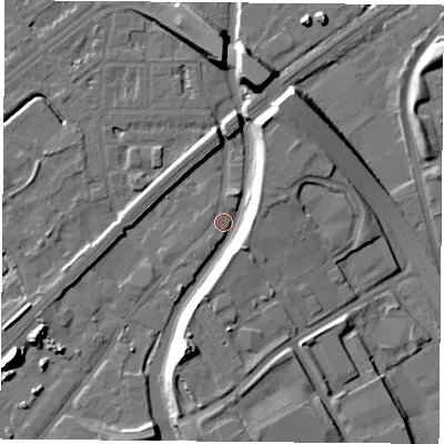 Shaded relief map of the ground around NG72SB, computed from Environment Agency LiDAR. The ground here sits at about 26 m above sea level and falls 17 m across the surrounding 800 m. Surface water reaching this point runs off ground lying to the north-north-east, 11.2 m higher.