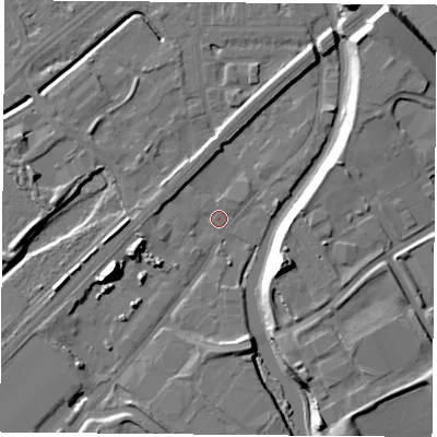 Shaded relief map of the ground around NG72SD, computed from Environment Agency LiDAR. The ground here sits at about 25 m above sea level and falls 16 m across the surrounding 800 m. Surface water reaching this point runs off ground lying to the west-south-west, 12.9 m higher.