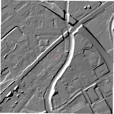 Shaded relief map of the ground around NG72SG, computed from Environment Agency LiDAR. The ground here sits at about 25 m above sea level and falls 17 m across the surrounding 800 m. Surface water reaching this point runs off ground lying to the south-south-east, 0.7 m higher.