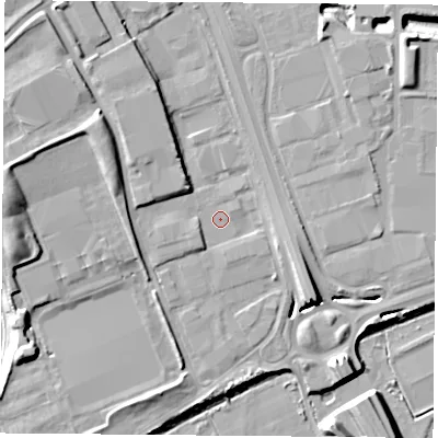 Shaded relief map of the ground around NG72SZ, computed from Environment Agency LiDAR. The ground here sits at about 27 m above sea level and falls 15 m across the surrounding 800 m. Surface water reaching this point runs off ground lying to the south-west, 1.9 m higher.