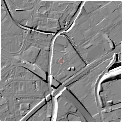 Shaded relief map of the ground around NG72TA, computed from Environment Agency LiDAR. The ground here sits at about 27 m above sea level and falls 14 m across the surrounding 800 m. Surface water reaching this point runs off ground lying to the east-south-east, 4.2 m higher.