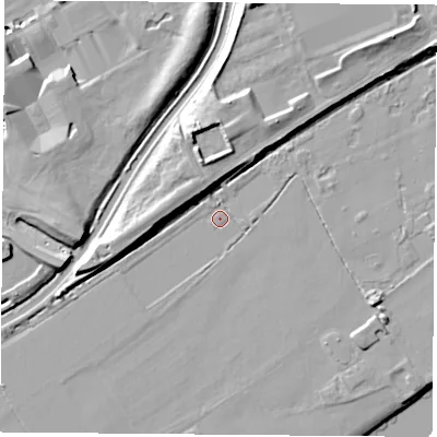 Shaded relief map of the ground around NG72TG, computed from Environment Agency LiDAR. The ground here sits at about 24 m above sea level and falls 11 m across the surrounding 800 m. Surface water reaching this point runs off ground lying to the south, 1.8 m higher.