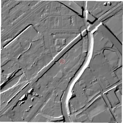 Shaded relief map of the ground around NG72TJ, computed from Environment Agency LiDAR. The ground here sits at about 25 m above sea level and falls 16 m across the surrounding 800 m. Surface water reaching this point runs off ground lying to the north-north-east, 2.8 m higher.