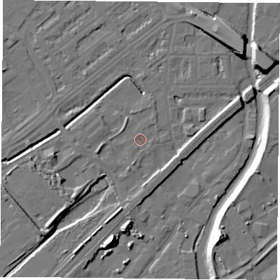 Shaded relief map of the ground around NG72TN, computed from Environment Agency LiDAR. The ground here sits at about 26 m above sea level and falls 16 m across the surrounding 800 m. Surface water reaching this point runs off ground lying to the north-east, 9.7 m higher.