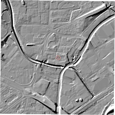 Shaded relief map of the ground around NG72TP, computed from Environment Agency LiDAR. The ground here sits at about 27 m above sea level and falls 13 m across the surrounding 800 m. Surface water reaching this point runs off ground lying to the east, 1.1 m higher.