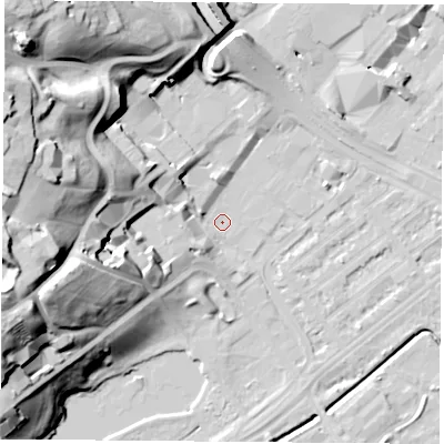 Shaded relief map of the ground around NG72TQ, computed from Environment Agency LiDAR. The ground here sits at about 26 m above sea level and falls 36 m across the surrounding 800 m. Surface water reaching this point runs off ground lying to the west, 31.1 m higher.