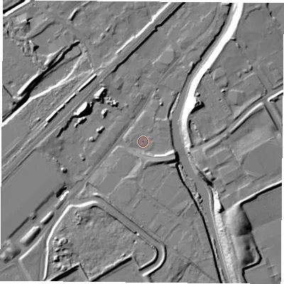 Shaded relief map of the ground around NG72TR, computed from Environment Agency LiDAR. The ground here sits at about 26 m above sea level and falls 16 m across the surrounding 800 m. Surface water reaching this point runs off ground lying to the east-south-east, 4.2 m higher.