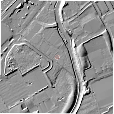 Shaded relief map of the ground around NG72TS, computed from Environment Agency LiDAR. The ground here sits at about 26 m above sea level and falls 17 m across the surrounding 800 m. Surface water reaching this point runs off ground lying to the east-south-east, 0.7 m higher.