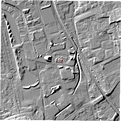 Shaded relief map of the ground around NG72TU, computed from Environment Agency LiDAR. The ground here sits at about 30 m above sea level and falls 14 m across the surrounding 800 m. Surface water reaching this point runs off ground lying to the west-north-west, 5.3 m higher.