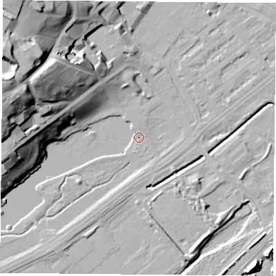 Shaded relief map of the ground around NG72TW, computed from Environment Agency LiDAR. The ground here sits at about 26 m above sea level and falls 36 m across the surrounding 800 m. Surface water reaching this point runs off ground lying to the east-north-east, 0.8 m higher.