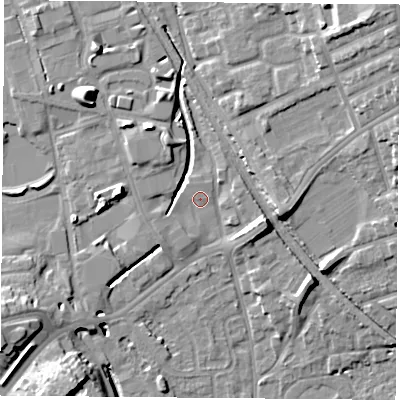 Shaded relief map of the ground around NG72TY, computed from Environment Agency LiDAR. The ground here sits at about 29 m above sea level and falls 17 m across the surrounding 800 m. Surface water reaching this point runs off ground lying to the north-north-west, 5.8 m higher.
