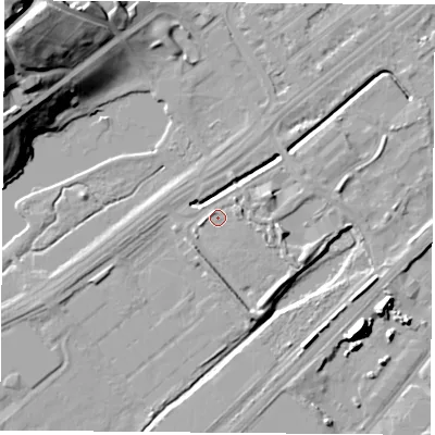 Shaded relief map of the ground around NG72UD, computed from Environment Agency LiDAR. The ground here sits at about 27 m above sea level and falls 32 m across the surrounding 800 m. Surface water reaching this point runs off ground lying to the east-north-east, 1.8 m higher.