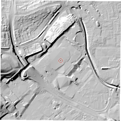 Shaded relief map of the ground around NG72UH, computed from Environment Agency LiDAR. The ground here sits at about 28 m above sea level and falls 24 m across the surrounding 800 m. Surface water reaching this point runs off ground lying to the north-north-east, 0.9 m higher.