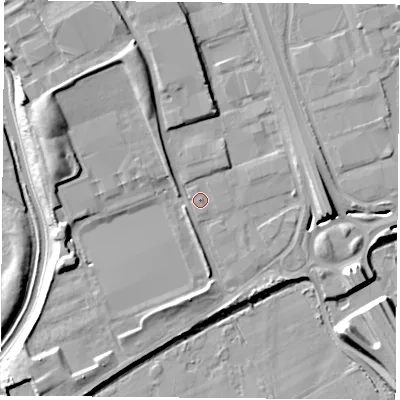 Shaded relief map of the ground around NG72UL, computed from Environment Agency LiDAR. The ground here sits at about 28 m above sea level and falls 14 m across the surrounding 800 m. Surface water reaching this point runs off ground lying to the north-west, 3.5 m higher.