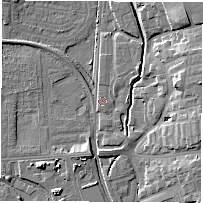 Shaded relief map of the ground around NG73AG, computed from Environment Agency LiDAR. The ground here sits at about 31 m above sea level and falls 14 m across the surrounding 800 m. Surface water reaching this point runs off ground lying to the north, 2.0 m higher.