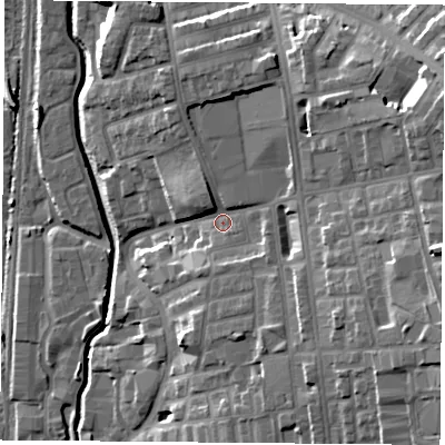Shaded relief map of the ground around NG73DW, computed from Environment Agency LiDAR. The ground here sits at about 38 m above sea level and falls 24 m across the surrounding 800 m. Surface water reaching this point runs off ground lying to the east, 15.0 m higher.