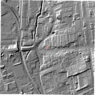 Shaded relief map of the ground around NG73EG, computed from Environment Agency LiDAR. The ground here sits at about 33 m above sea level and falls 20 m across the surrounding 800 m. Surface water reaching this point runs off ground lying to the east-north-east, 10.0 m higher.