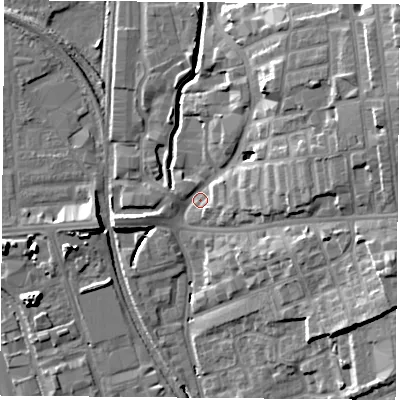 Shaded relief map of the ground around NG73EH, computed from Environment Agency LiDAR. The ground here sits at about 30 m above sea level and falls 18 m across the surrounding 800 m. Surface water reaching this point runs off ground lying to the east-north-east, 15.5 m higher.