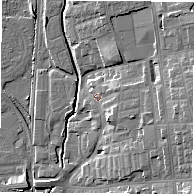 Shaded relief map of the ground around NG73FF, computed from Environment Agency LiDAR. The ground here sits at about 35 m above sea level and falls 20 m across the surrounding 800 m. Surface water reaching this point runs off ground lying to the east-south-east, 9.9 m higher.