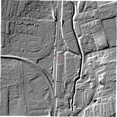 Shaded relief map of the ground around NG73FH, computed from Environment Agency LiDAR. The ground here sits at about 31 m above sea level and falls 15 m across the surrounding 800 m. Surface water reaching this point runs off ground lying to the north-west, 8.6 m higher.