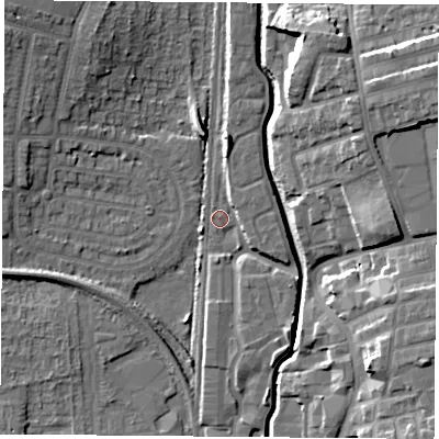 Shaded relief map of the ground around NG73FR, computed from Environment Agency LiDAR. The ground here sits at about 30 m above sea level and falls 15 m across the surrounding 800 m. Surface water reaching this point runs off ground lying to the north, 5.6 m higher.
