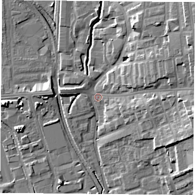 Shaded relief map of the ground around NG73FY, computed from Environment Agency LiDAR. The ground here sits at about 30 m above sea level and falls 17 m across the surrounding 800 m. Surface water reaching this point runs off ground lying to the east-north-east, 14.9 m higher.