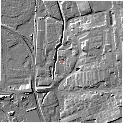 Shaded relief map of the ground around NG73GZ, computed from Environment Agency LiDAR. The ground here sits at about 31 m above sea level and falls 17 m across the surrounding 800 m. Surface water reaching this point runs off ground lying to the east-north-east, 8.9 m higher.