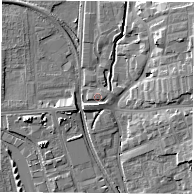 Shaded relief map of the ground around NG73LA, computed from Environment Agency LiDAR. The ground here sits at about 31 m above sea level and falls 15 m across the surrounding 800 m. Surface water reaching this point runs off ground lying to the south-west, 4.7 m higher.