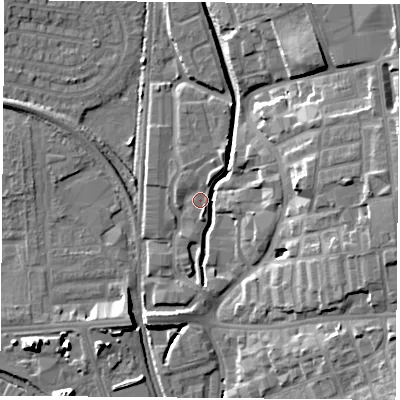 Shaded relief map of the ground around NG73LD, computed from Environment Agency LiDAR. The ground here sits at about 31 m above sea level and falls 16 m across the surrounding 800 m. Surface water reaching this point runs off ground lying to the east-north-east, 4.7 m higher.