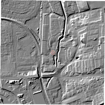 Shaded relief map of the ground around NG73LJ, computed from Environment Agency LiDAR. The ground here sits at about 31 m above sea level and falls 15 m across the surrounding 800 m. Surface water reaching this point runs off ground lying to the north-north-east, 2.5 m higher.