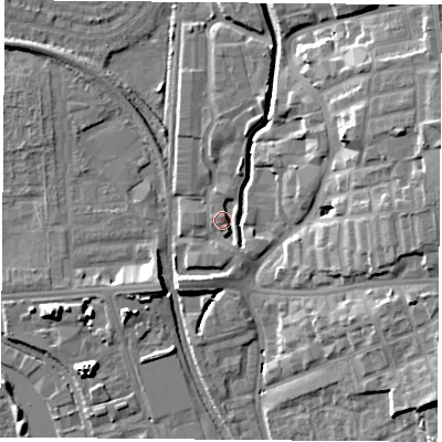 Shaded relief map of the ground around NG73LL, computed from Environment Agency LiDAR. The ground here sits at about 31 m above sea level and falls 15 m across the surrounding 800 m. Surface water reaching this point runs off ground lying to the south-south-east, 2.5 m higher.