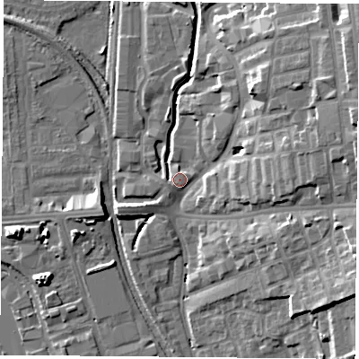Shaded relief map of the ground around NG73LP, computed from Environment Agency LiDAR. The ground here sits at about 31 m above sea level and falls 17 m across the surrounding 800 m. Surface water reaching this point runs off ground lying to the south-west, 2.0 m higher.