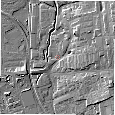 Shaded relief map of the ground around NG73NJ, computed from Environment Agency LiDAR. The ground here sits at about 31 m above sea level and falls 19 m across the surrounding 800 m. Surface water reaching this point runs off ground lying to the east-north-east, 15.4 m higher.