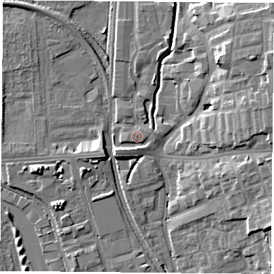 Shaded relief map of the ground around NG73NY, computed from Environment Agency LiDAR. The ground here sits at about 31 m above sea level and falls 16 m across the surrounding 800 m. Surface water reaching this point runs off ground lying to the south-west, 4.7 m higher.