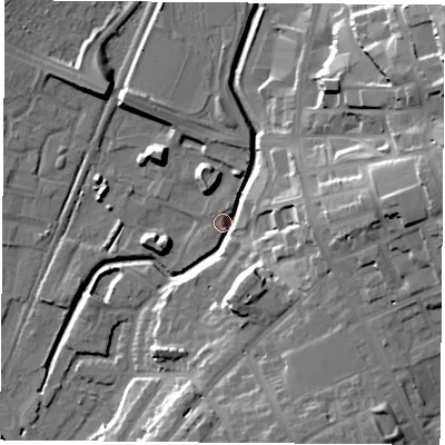 Shaded relief map of the ground around NG75HG, computed from Environment Agency LiDAR. The ground here sits at about 34 m above sea level and falls 27 m across the surrounding 800 m. Surface water reaching this point runs off ground lying to the east, 23.3 m higher.