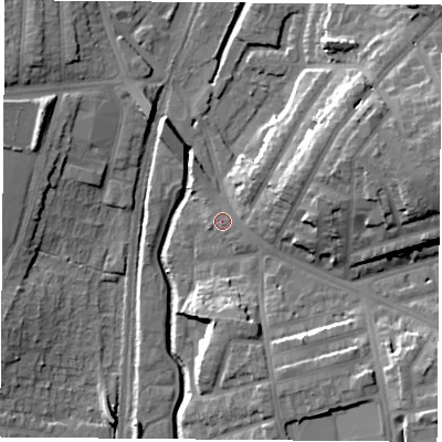 Shaded relief map of the ground around NG75NJ, computed from Environment Agency LiDAR. The ground here sits at about 35 m above sea level and falls 19 m across the surrounding 800 m. Surface water reaching this point runs off ground lying to the south-east, 1.7 m higher.