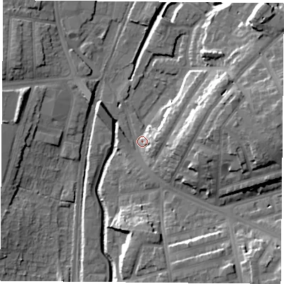 Shaded relief map of the ground around NG75NL, computed from Environment Agency LiDAR. The ground here sits at about 34 m above sea level and falls 19 m across the surrounding 800 m. Surface water reaching this point runs off ground lying to the east, 14.0 m higher.