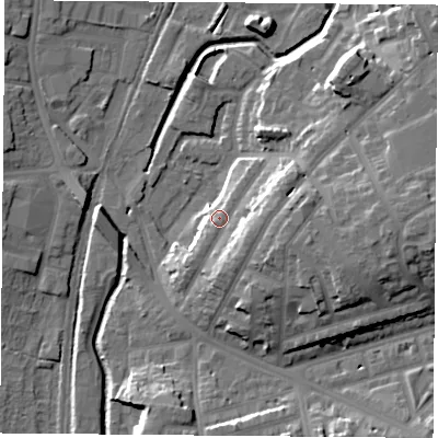 Shaded relief map of the ground around NG75NN, computed from Environment Agency LiDAR. The ground here sits at about 39 m above sea level and falls 19 m across the surrounding 800 m. Surface water reaching this point runs off ground lying to the east-south-east, 6.7 m higher.