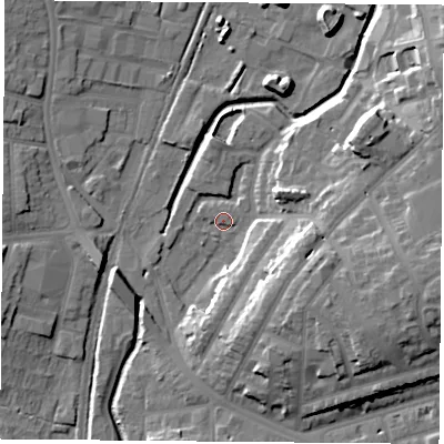 Shaded relief map of the ground around NG75NQ, computed from Environment Agency LiDAR. The ground here sits at about 33 m above sea level and falls 19 m across the surrounding 800 m. Surface water reaching this point runs off ground lying to the east-south-east, 17.0 m higher.