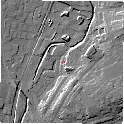 Shaded relief map of the ground around NG75NR, computed from Environment Agency LiDAR. The ground here sits at about 35 m above sea level and falls 22 m across the surrounding 800 m. Surface water reaching this point runs off ground lying to the east, 11.1 m higher.