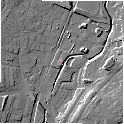 Shaded relief map of the ground around NG75PH, computed from Environment Agency LiDAR. The ground here sits at about 36 m above sea level and falls 18 m across the surrounding 800 m. Surface water reaching this point runs off ground lying to the east, 16.5 m higher.