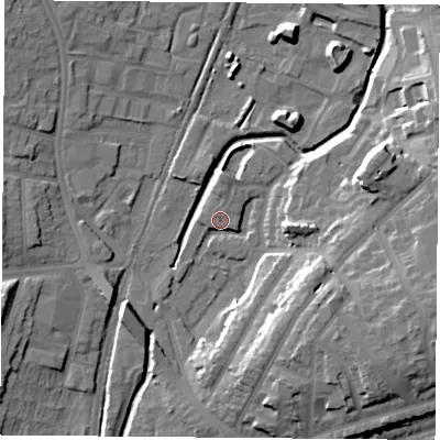 Shaded relief map of the ground around NG75PJ, computed from Environment Agency LiDAR. The ground here sits at about 34 m above sea level and falls 19 m across the surrounding 800 m. Surface water reaching this point runs off ground lying to the east-south-east, 16.6 m higher.