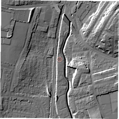 Shaded relief map of the ground around NG75RU, computed from Environment Agency LiDAR. The ground here sits at about 33 m above sea level and falls 18 m across the surrounding 800 m. Surface water reaching this point runs off ground lying to the north, 7.8 m higher.